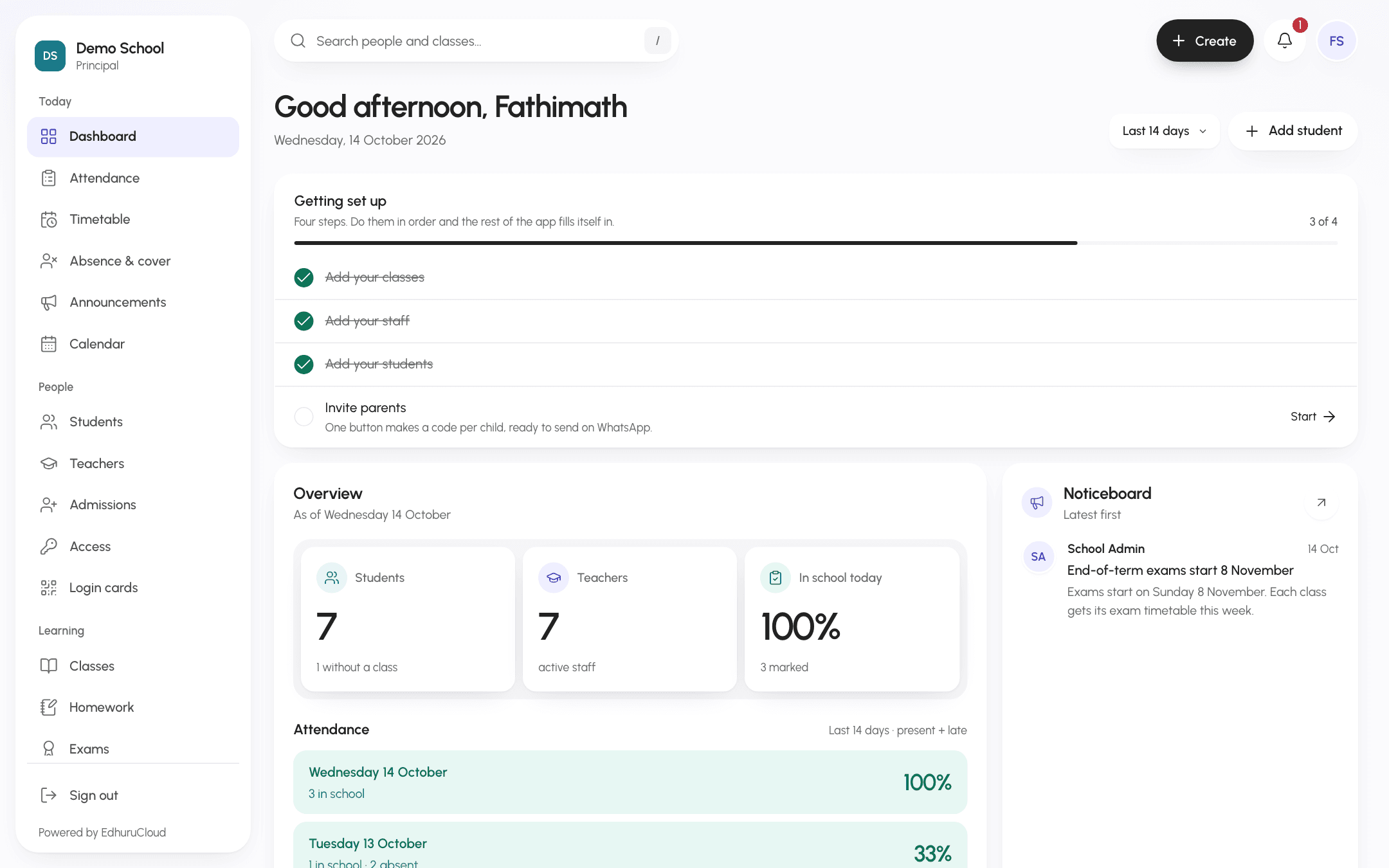 The principal’s dashboard in EdhuruCloud.