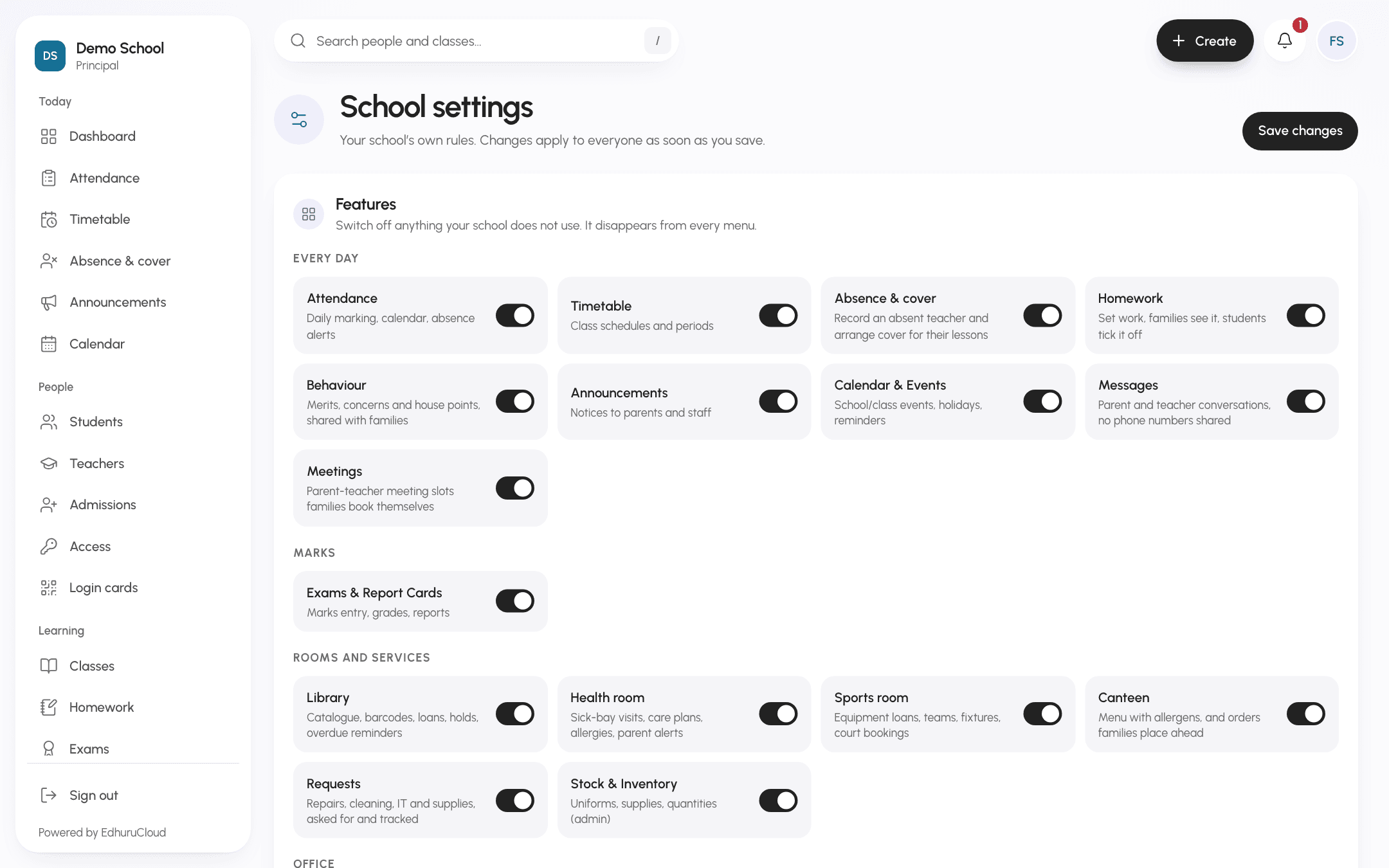 School settings with a switch for each feature.